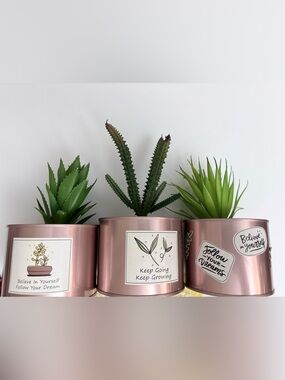 Desk Home Decor Faux Plant with Faux Succulents In Rose Gold Holders Rocks Inclu